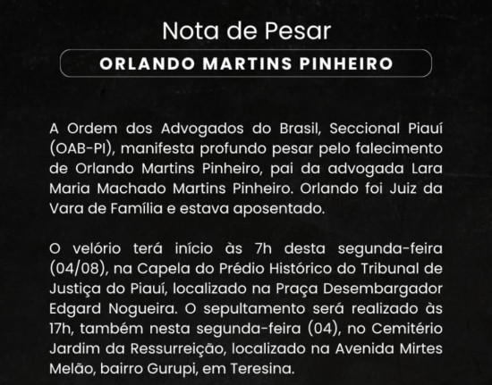 Juiz aposentado Orlando Martins Pinheiro morre aos 77 anos em Teresina