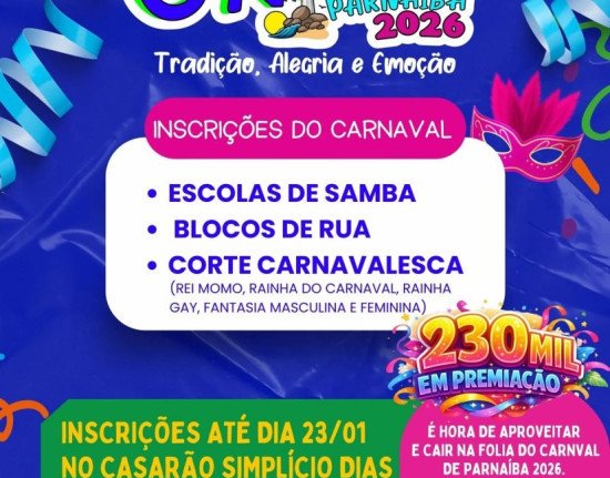 Parnaíba anuncia R$ 230 mil em prêmios no Carnaval 2026