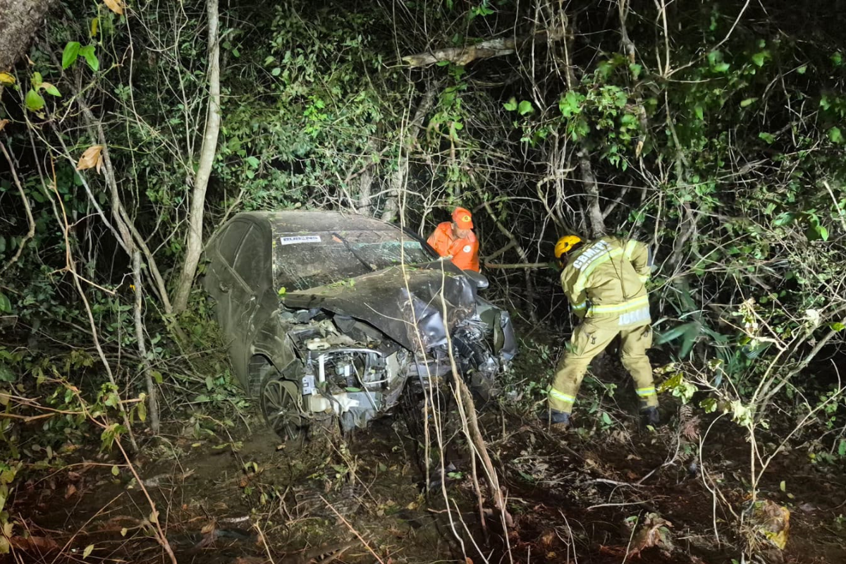 Mulher fica presa às ferragens após carro sair da pista na BR-343