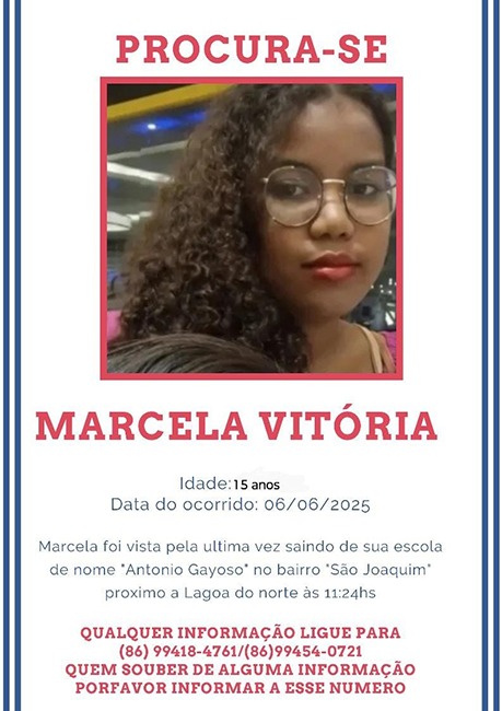 Adolescente de 15 anos desaparece após sair da escola na zona Norte