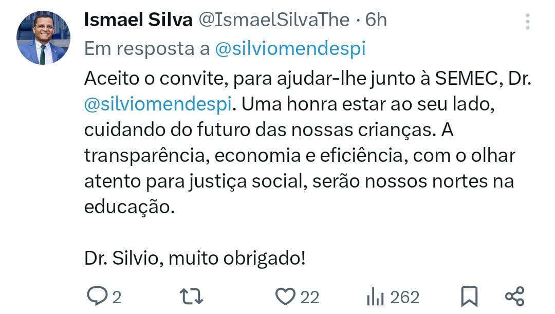 Nas redes sociais, vereador Ismael Silva agradece convite para assumir a SEMEC