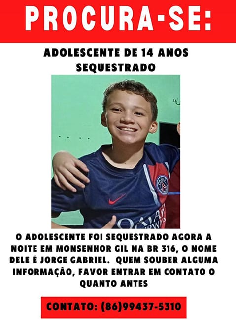 Adolescente é sequestrado na BR-316 em Monsenhor Gil ao voltar para casa de bicicleta