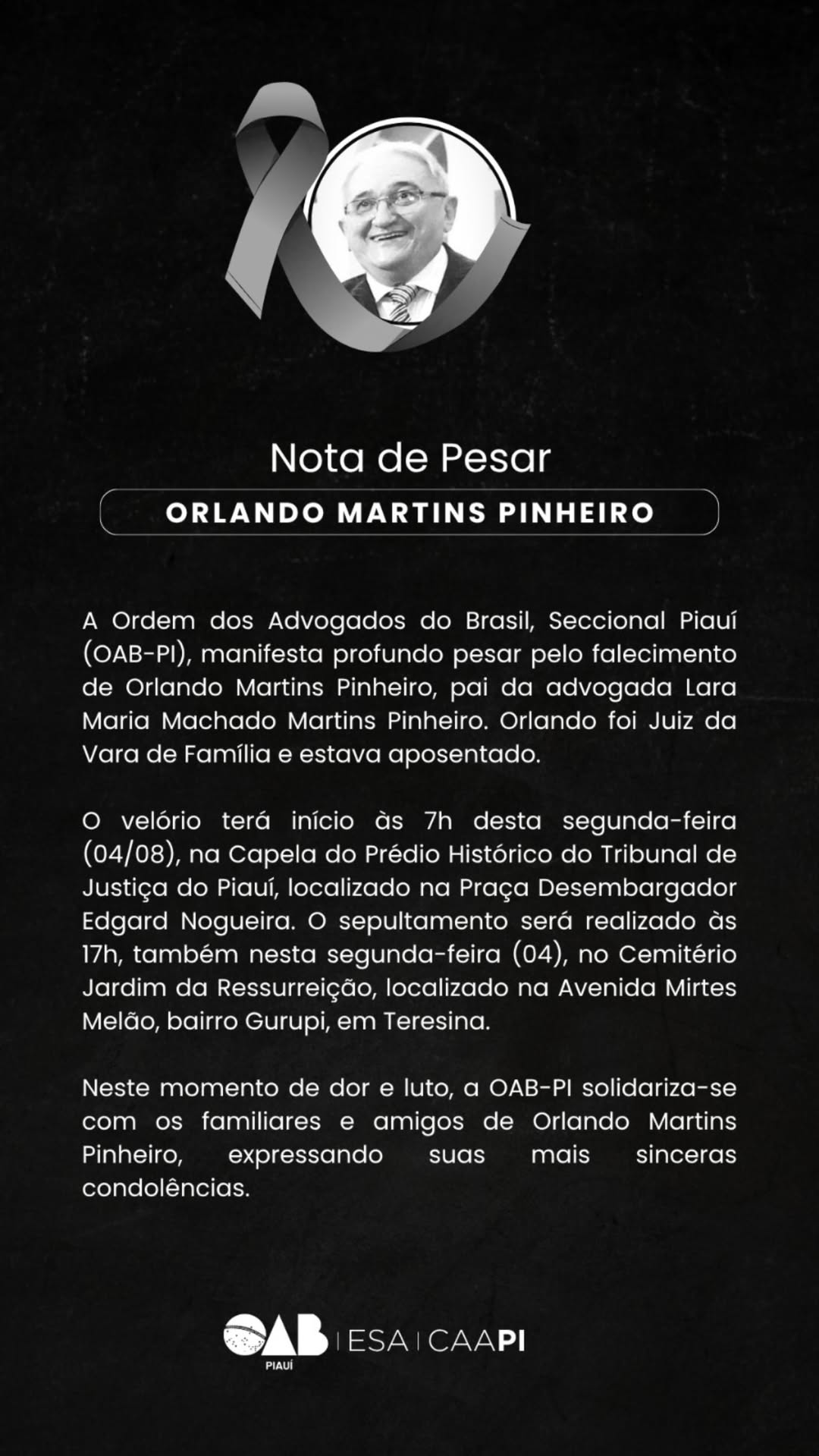 Juiz aposentado Orlando Martins Pinheiro morre aos 77 anos em Teresina