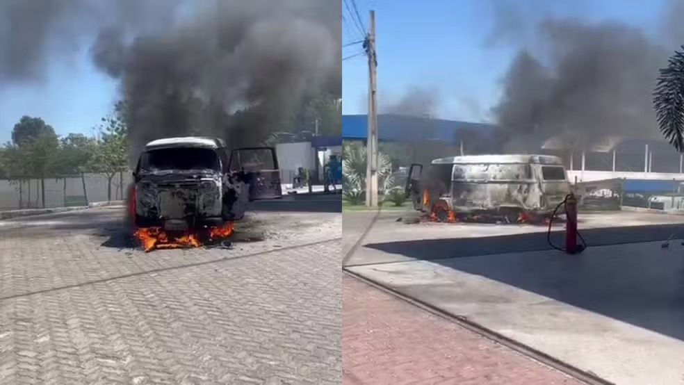 Kombi pega fogo ao lado de posto de combustíveis em Teresina