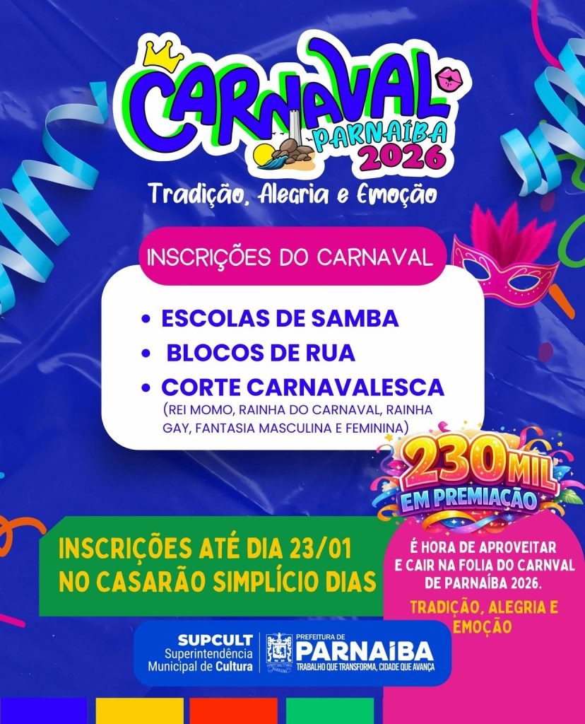 Carnaval de Parnaíba 2026 terá R$ 230 mil em prêmios para escolas de samba