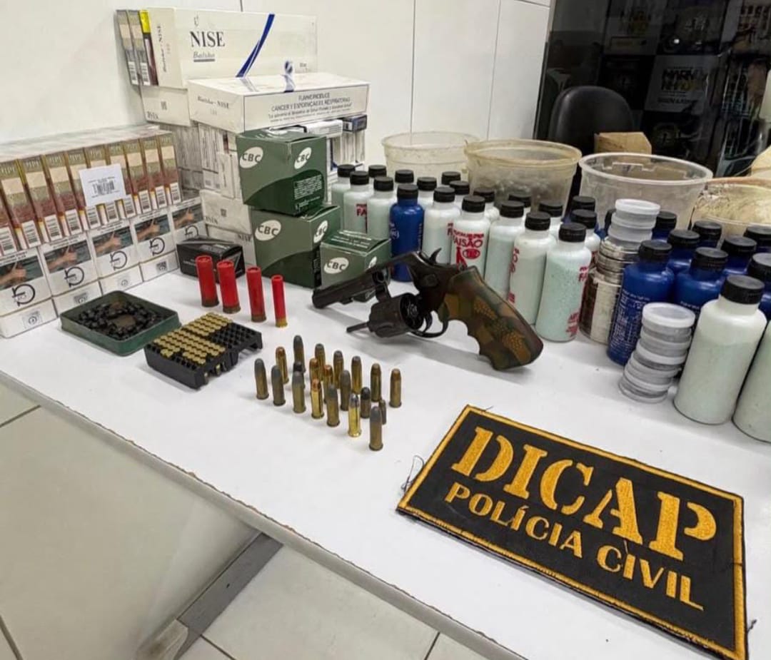 Operação apreende munições, arma e cigarros contrabandeados em comércio na zona rural de Timon (MA).